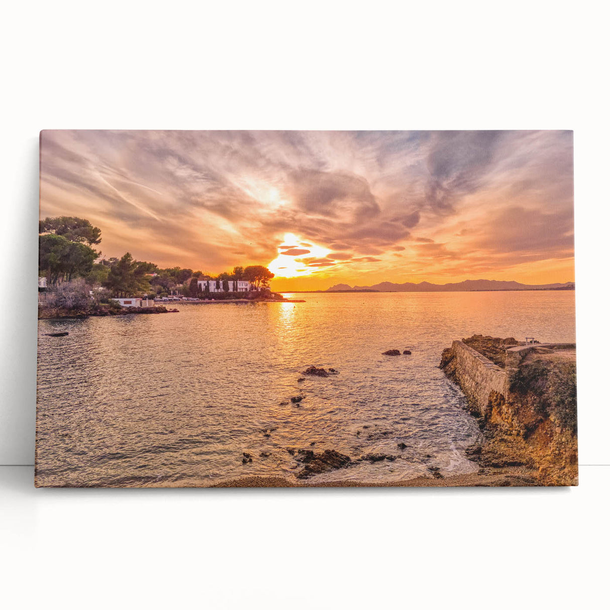 Black and white photograph of a quaint European street on a large stretched canvas, ideal for kitchen wall art.