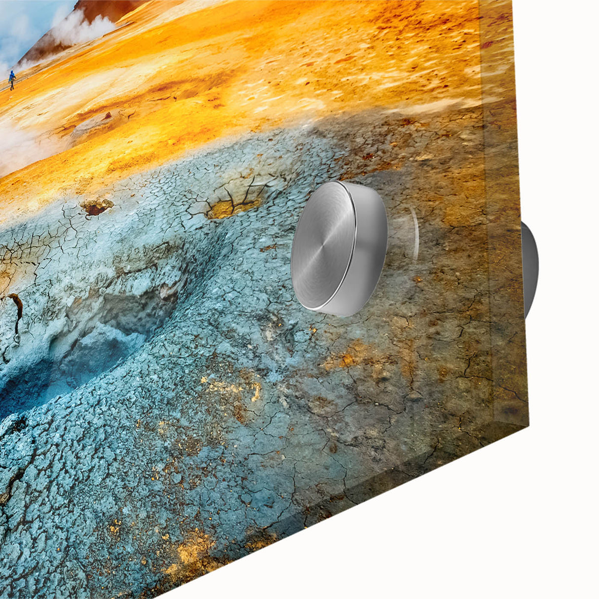 Large abstract wall art of an Icelandic scenery in muted gray and blue tones on acrylic glass.