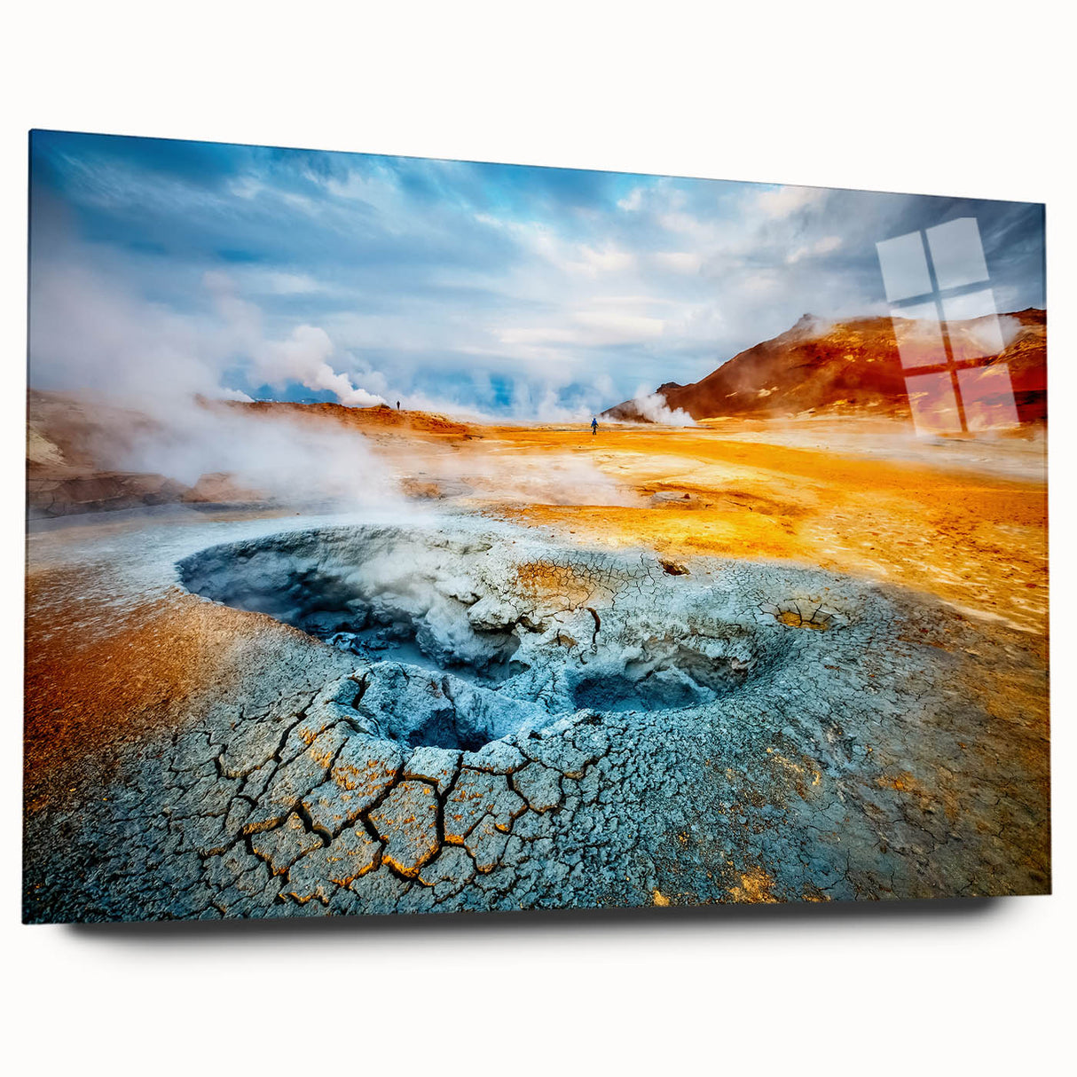 Large abstract wall art of an Icelandic landscape in muted gray and blue tones on acrylic glass.