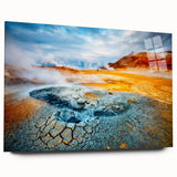 Large abstract wall art of an Icelandic landscape in muted gray and blue tones on acrylic glass.