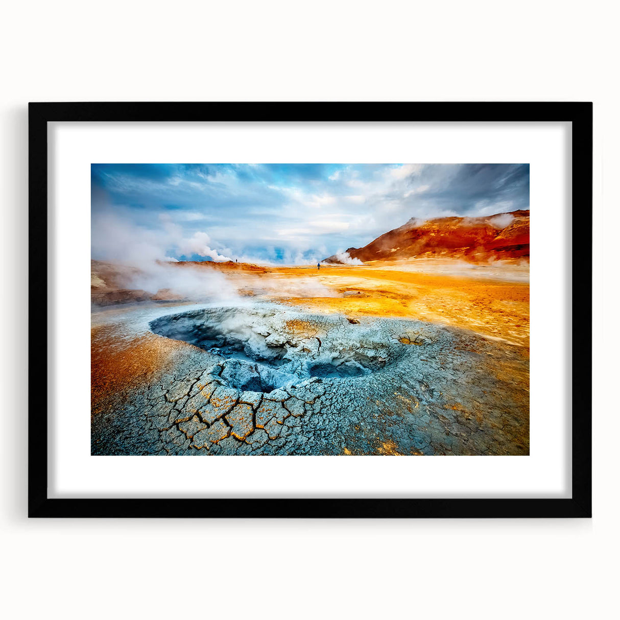 Extra large abstract art print of a vibrant Icelandic landscape on textured canvas, framed in black.