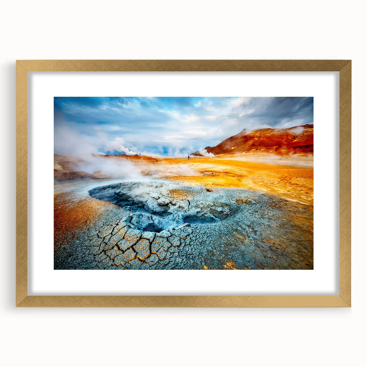 Abstract art print of a European Icelandic landscape in muted earth tones on a gold-framed canvas.