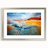 Extra large abstract art print of Icelandic scenery in textured silver frame, ideal for living room decor.