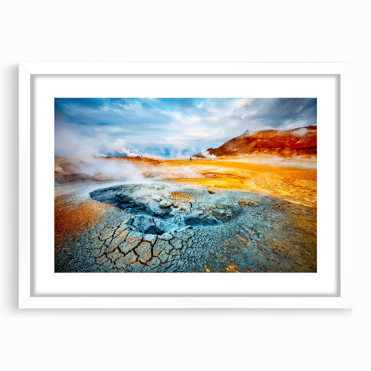 Textured abstract art print of a European scenery in Iceland, in muted earth tones on a white framed mat.