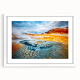 Textured abstract art print of a European scenery in Iceland, in muted earth tones on a white framed mat.