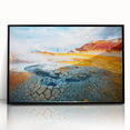 Large abstract wall art depicting a serene Icelandic landscape in muted grays and blues, framed in black acrylic.
