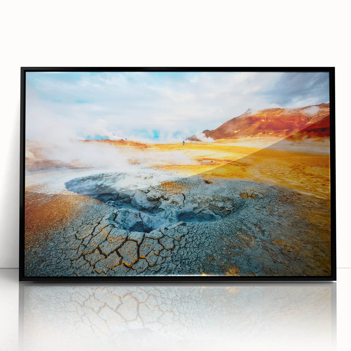 Large abstract wall art depicting a serene Icelandic landscape in muted grays and blues, framed in black acrylic.
