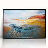 Large abstract wall art depicting a serene Icelandic landscape in muted grays and blues, framed in black acrylic.