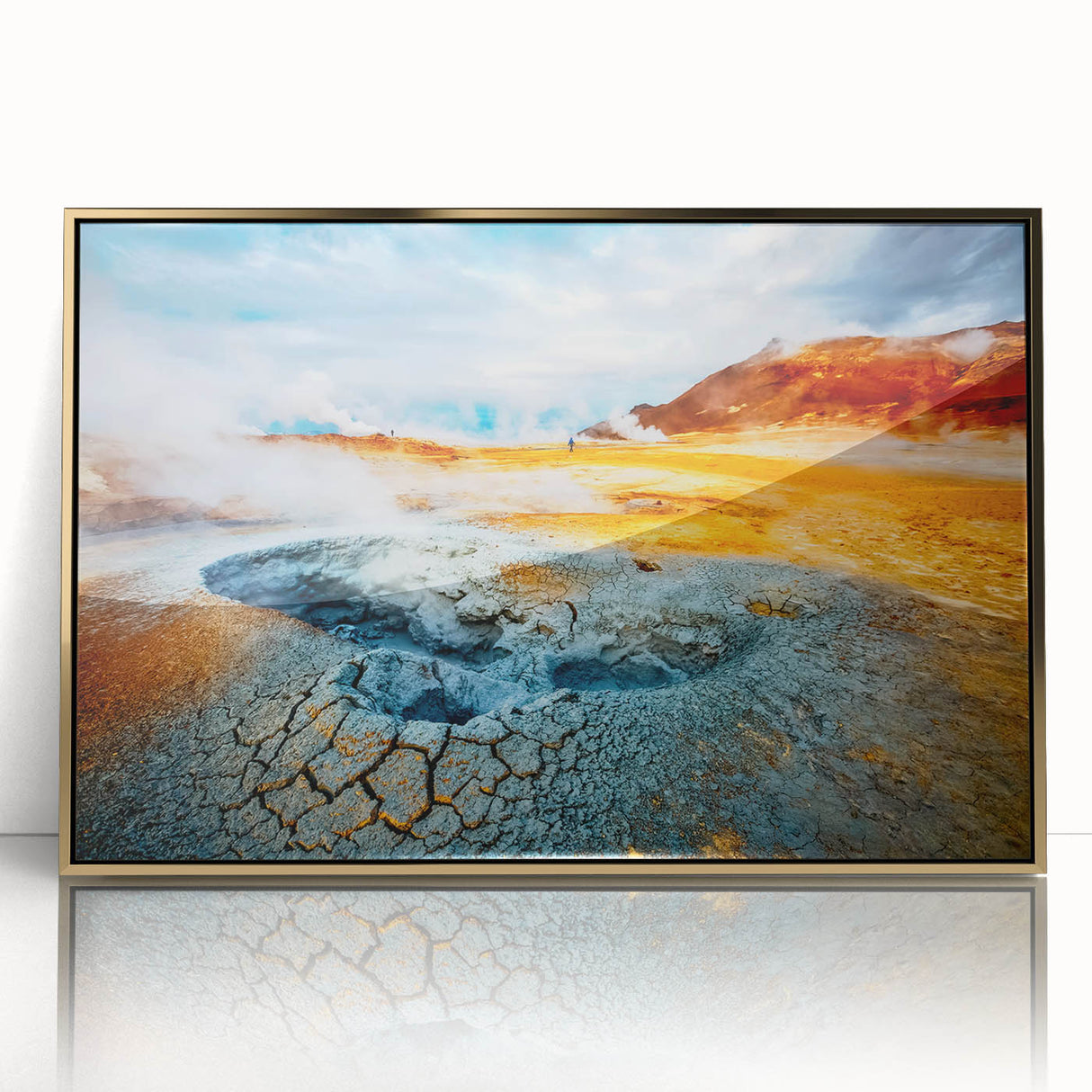 Acrylic print of a serene Icelandic landscape, framed in gold, featuring muted earth tones, ideal for modern art wall decor.