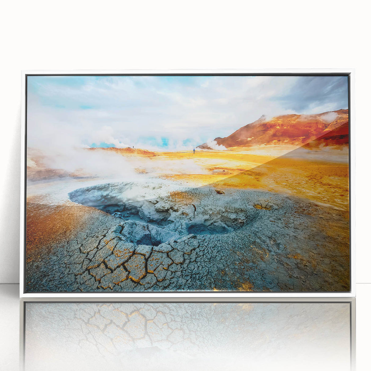 Mid-century modernist art depicting a serene Icelandic landscape in muted gray and blue tones, framed acrylic.