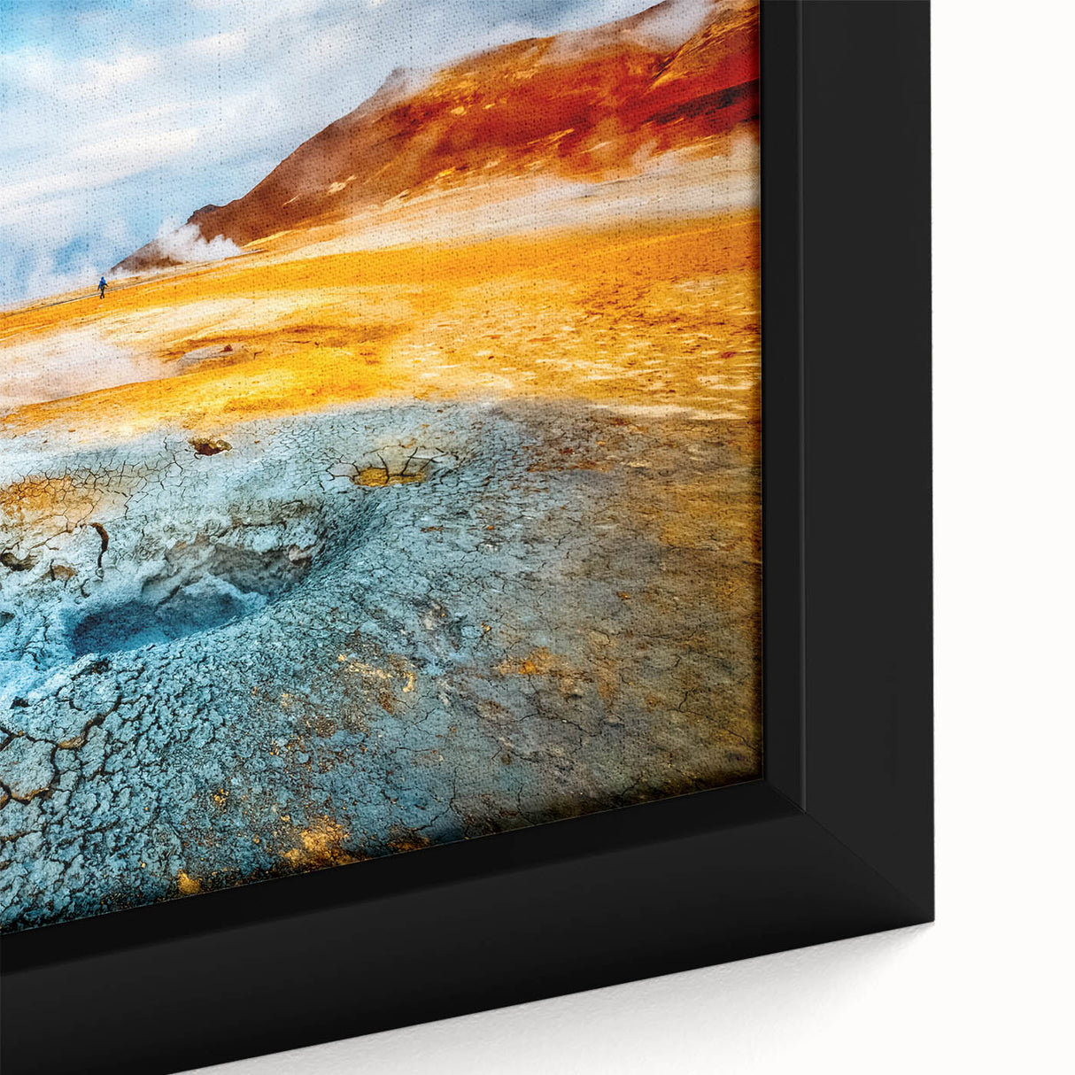Black wall art featuring a textured Icelandic landscape on extra large framed canvas, with vibrant colors.