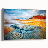 Landscape art painting of Icelandic scenery on framed canvas, featuring a muted palette with silver frame.