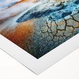 Art deco poster of an Icelandic landscape on rolled canvas, featuring muted earth tones, ideal for dining room decor.