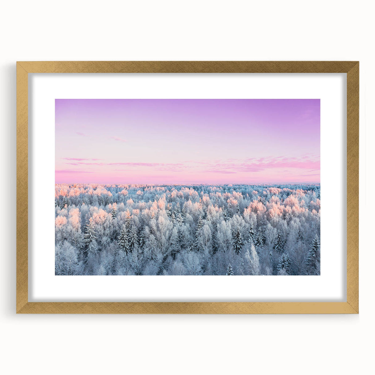 Abstract art print of a European landscape in muted gold and green, framed with a mat, suitable for dining room decor.