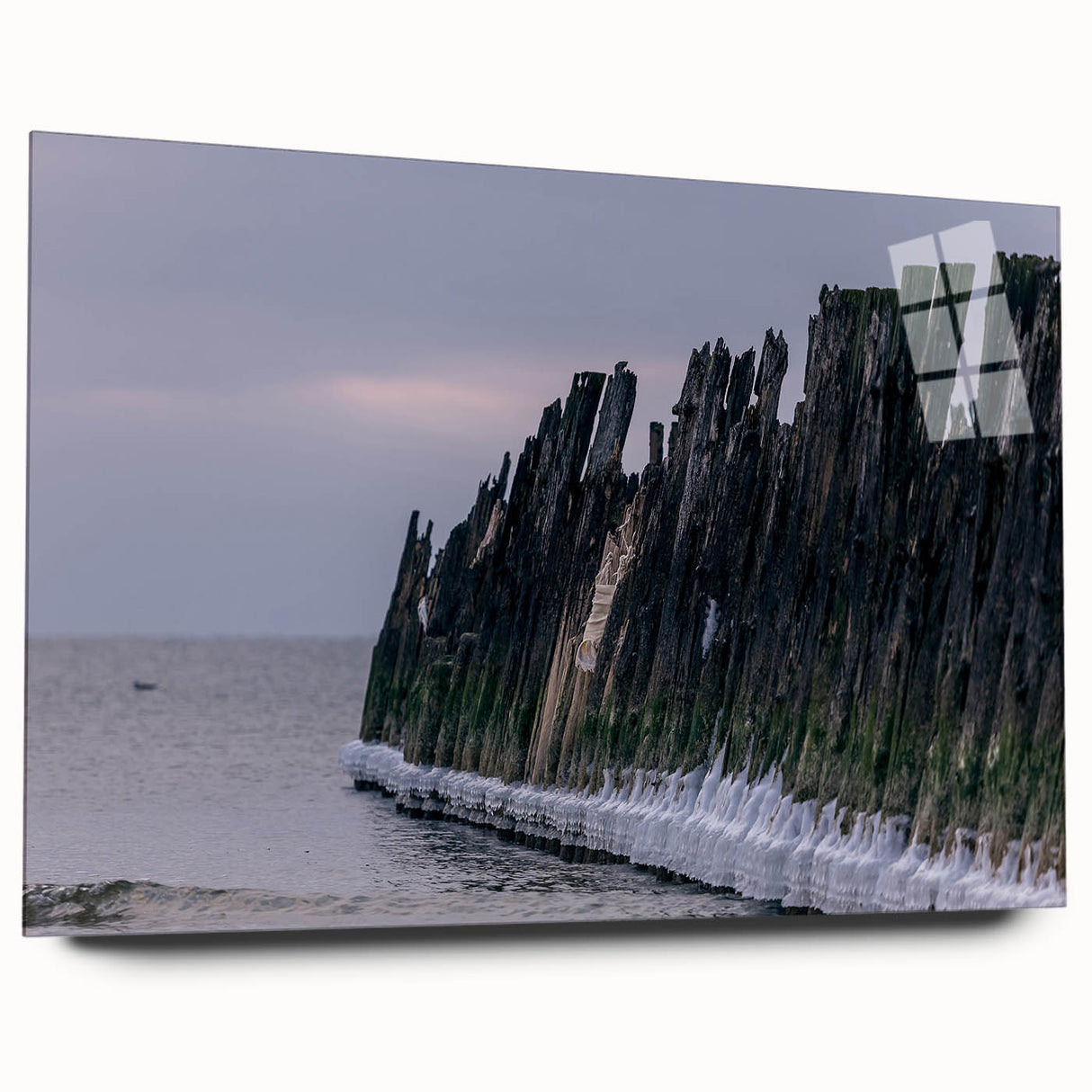 Large abstract wall art depicting a serene Lithuanian landscape in soft blue and green tones, printed on acrylic glass.