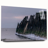 Large abstract wall art depicting a serene Lithuanian landscape in soft blue and green tones, printed on acrylic glass.