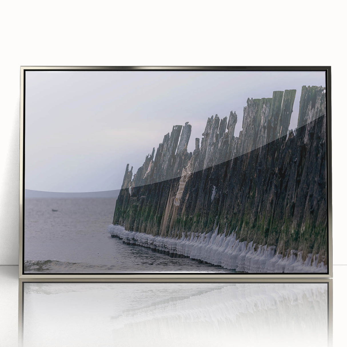 Large art print of a European scenery in Lithuania, depicted in mid-century modernist style with silver framed acrylic.