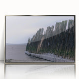 Large art print of a European scenery in Lithuania, depicted in mid-century modernist style with silver framed acrylic.