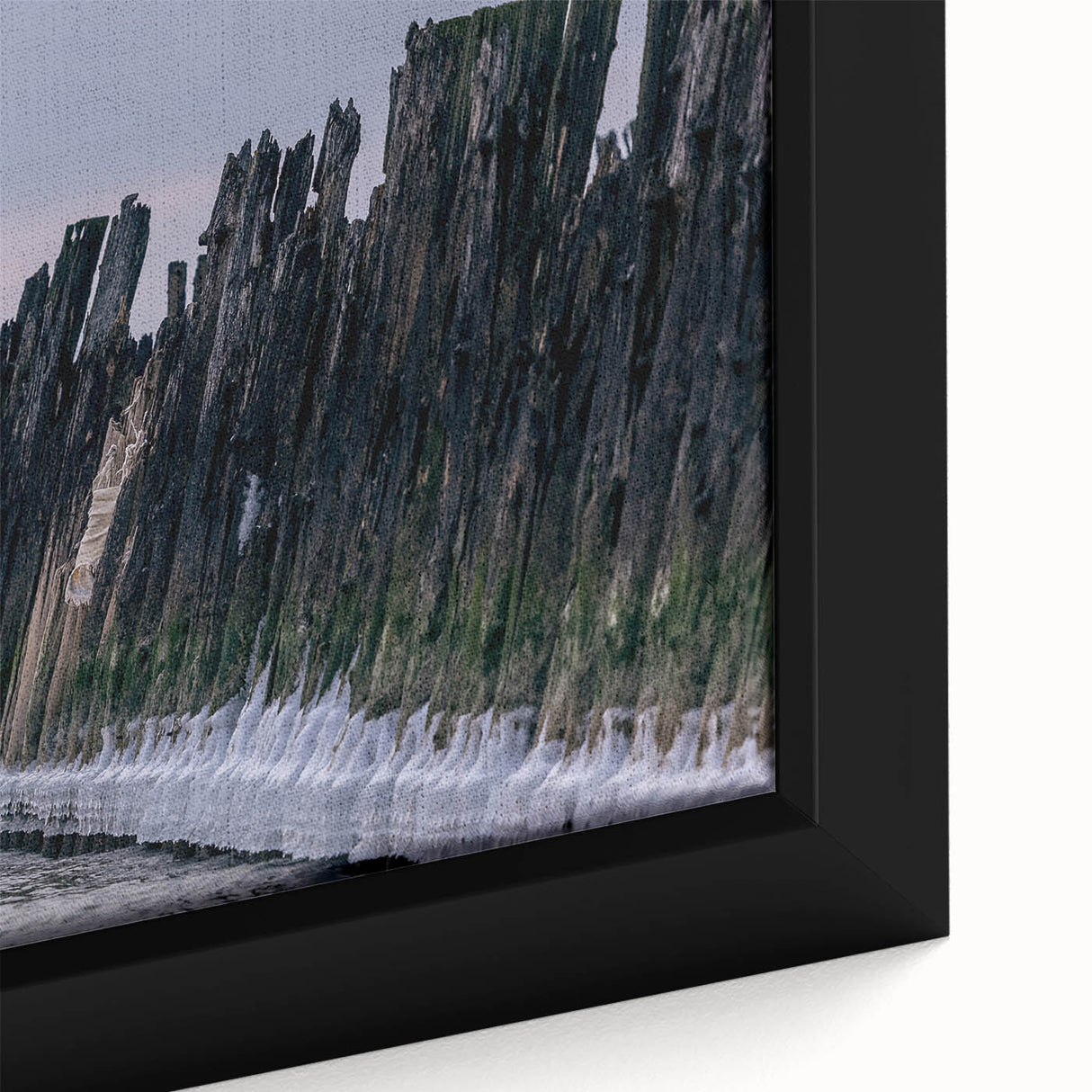 Extra large framed canvas featuring a textured depiction of a European Lithuanian landscape in black with colorful accents.