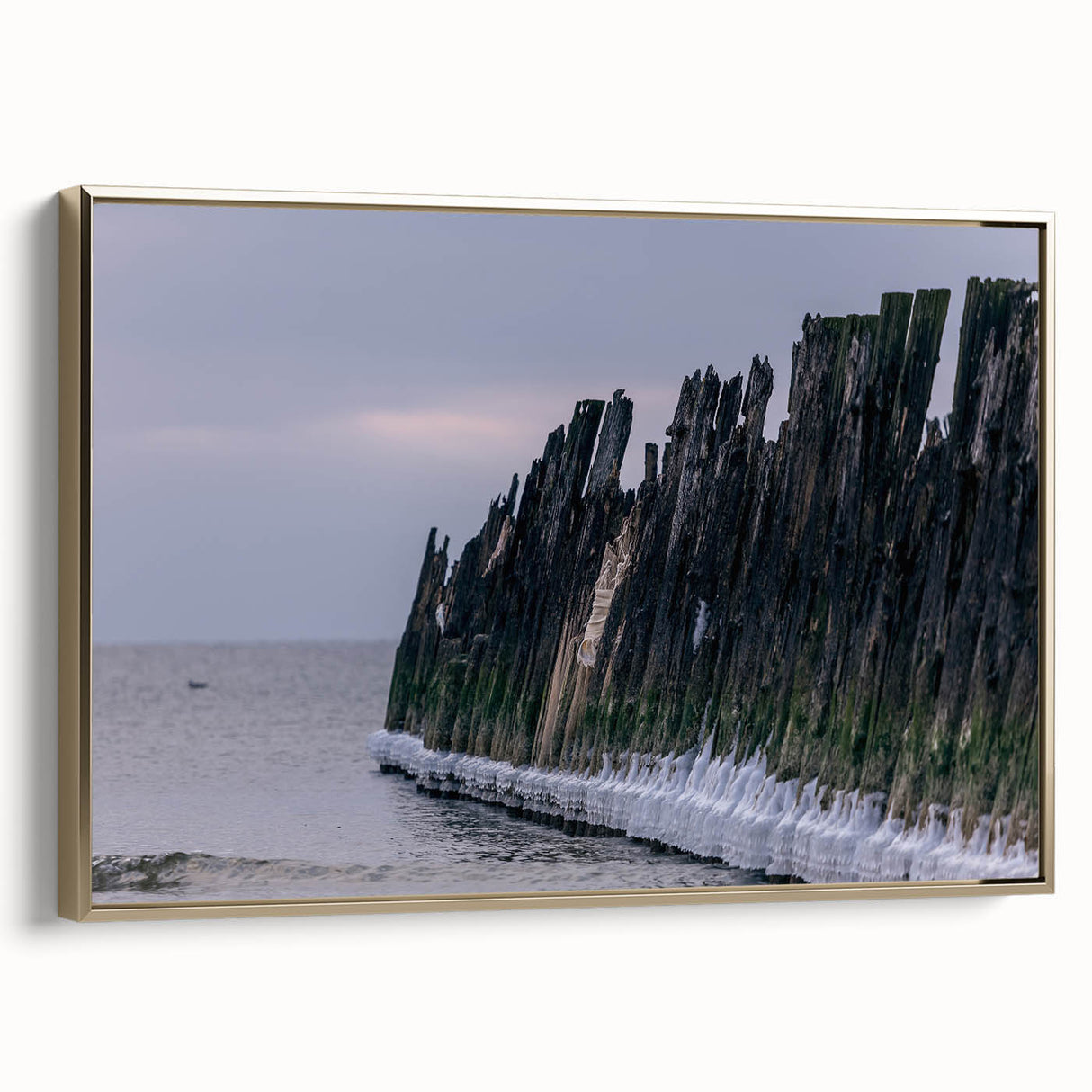 Framed canvas depicting a vintage-style landscape of a Lithuanian scenery, in muted gold and black tones.