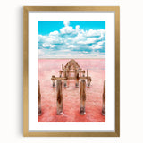 Extra large abstract art print depicting a textured Mexican Yucatan scenery in gold frame, ideal for living room decor.