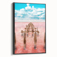 Black and white framed canvas of Yucatan landscape in vintage poster style, ideal for bedroom wall art.