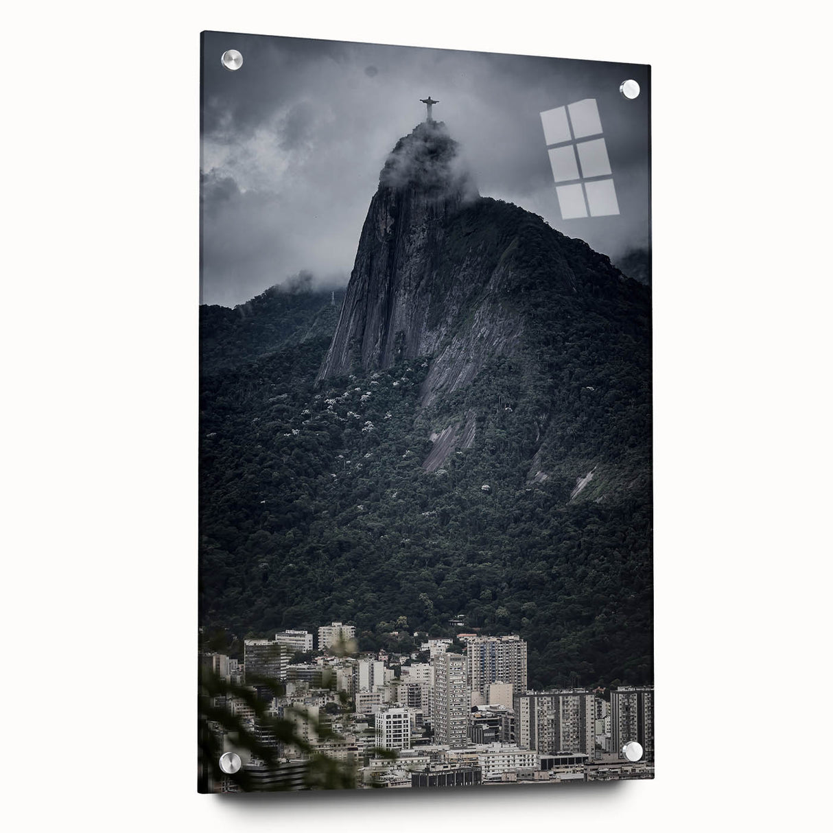 Acrylic print of a large abstract depiction of a Brazilian landscape in vibrant greens and blues.