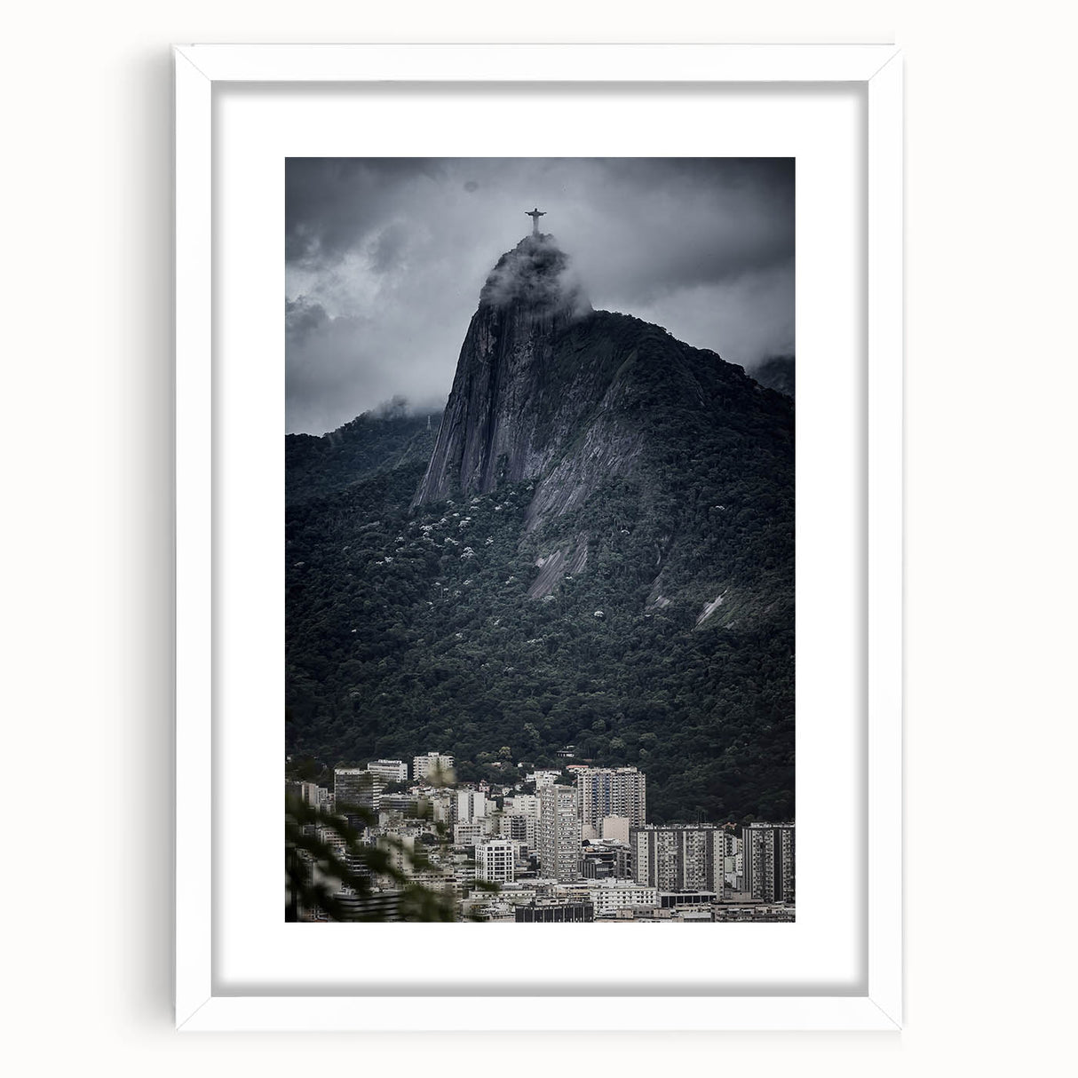 Abstract art print of a Brazilian landscape in vibrant green and blue tones, framed with a white mat.