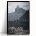 Large abstract wall art depicting a vibrant South American landscape in mid-century modernist style, framed in black acrylic.