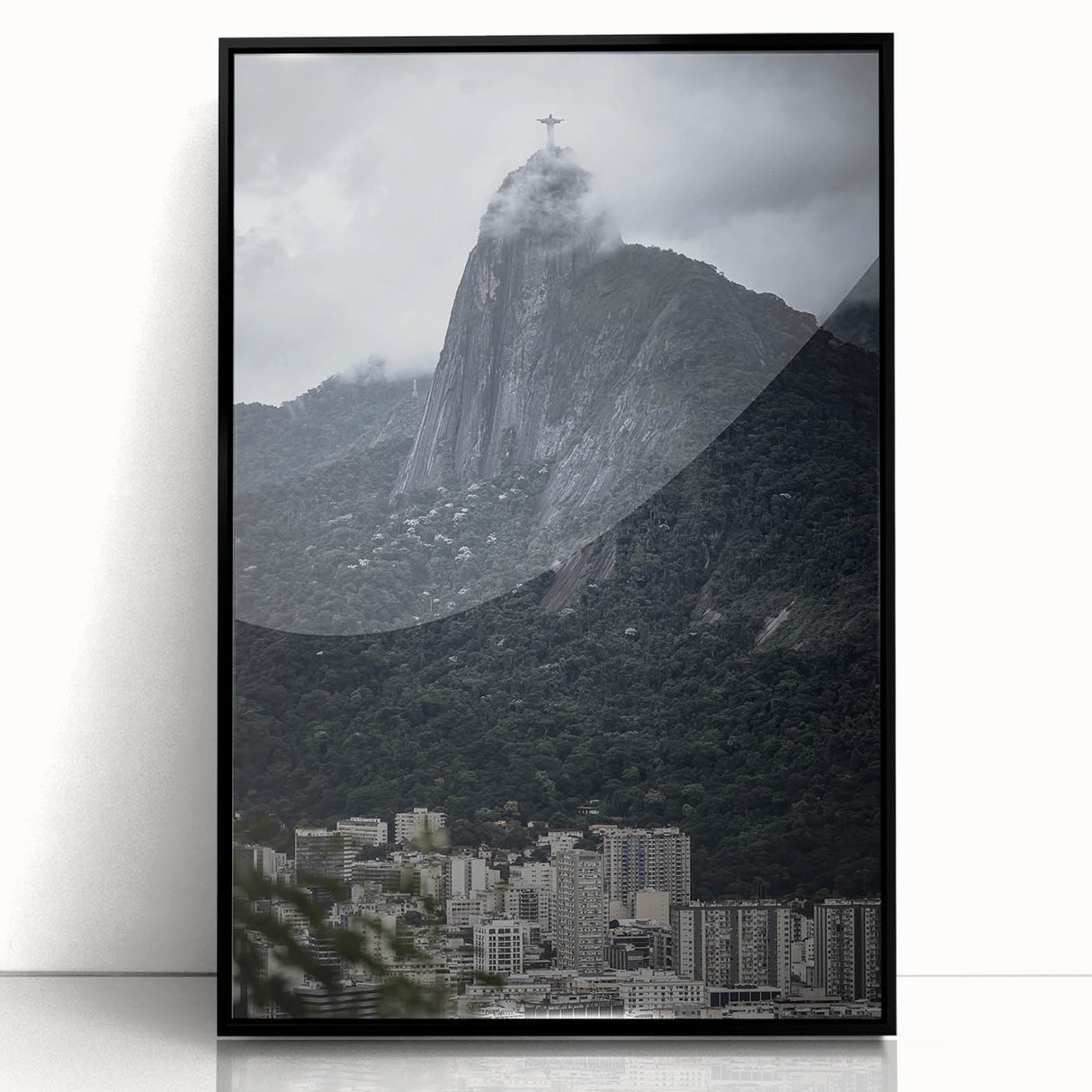 Large abstract wall art depicting a vibrant South American landscape in mid-century modernist style, framed in black acrylic.