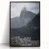 Large abstract wall art depicting a vibrant South American landscape in mid-century modernist style, framed in black acrylic.