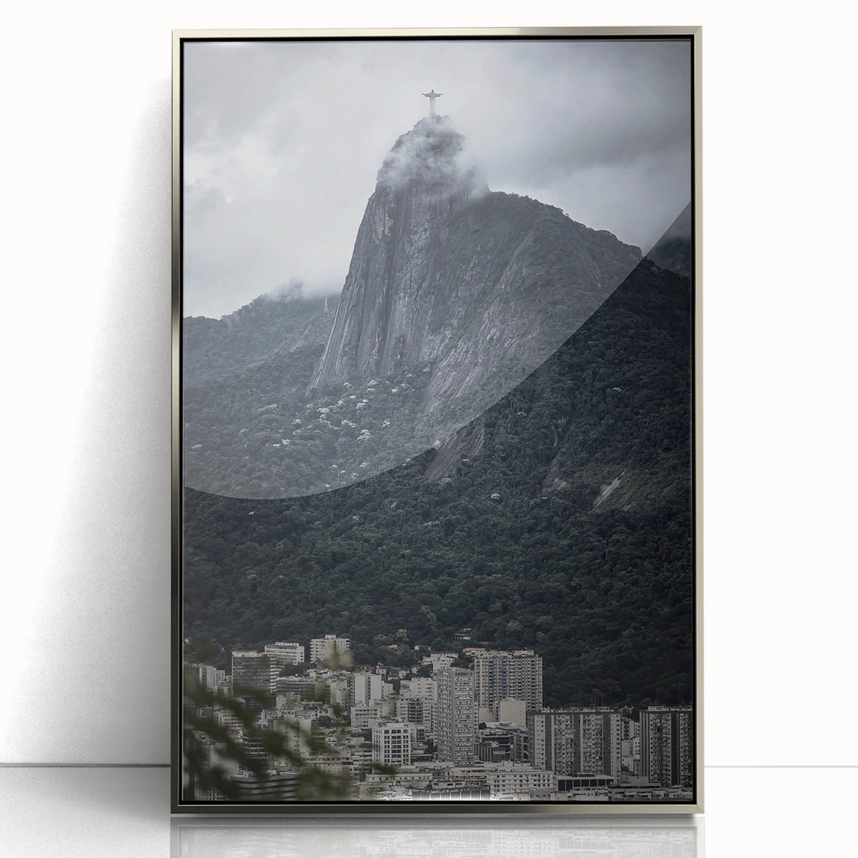 Mid-century modernist art depicting a stylized South American landscape in acrylic, framed in silver.