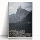 Art deco poster featuring a stylized Brazilian landscape in muted green and yellow tones, framed in white acrylic.