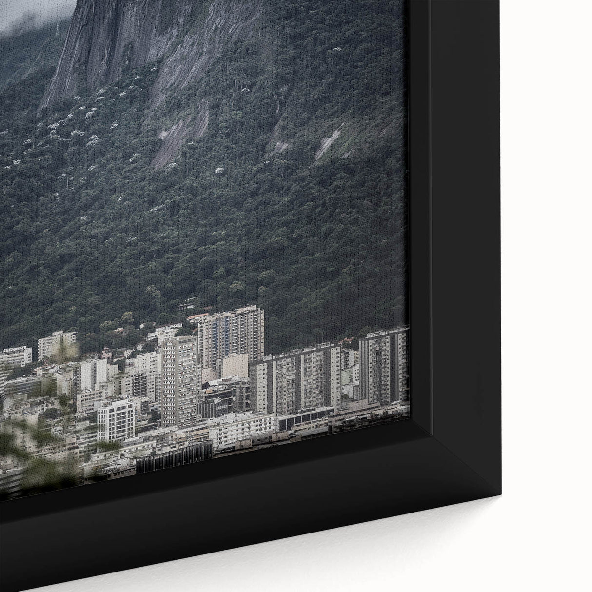 Close-up of a black canvas featuring a textured, colorful Brazilian landscape, ideal for living room decor.