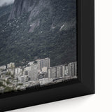 Close-up of a black canvas featuring a textured, colorful Brazilian landscape, ideal for living room decor.