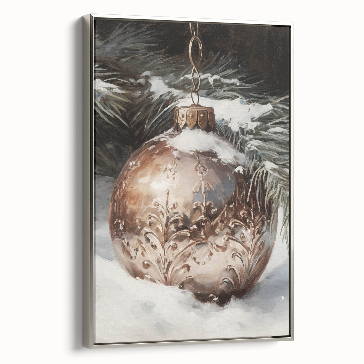 Winter landscape art painting on framed canvas, featuring muted gray and silver tones, ideal for a modern living room.