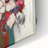 Close-up of vibrant abstract floral acrylic artwork on glass, showcasing intricate details and rich colors, perfect for modern home decor.
