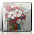 Framed black acrylic art piece showcasing vibrant abstract florals in a modern design, perfect for adding a pop of color to contemporary interiors.