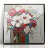 Framed black acrylic art piece showcasing vibrant abstract florals in a modern design, perfect for adding a pop of color to contemporary interiors.