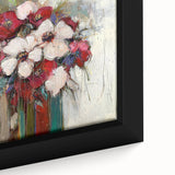 Close-up of a framed abstract floral canvas featuring vibrant colors like teal, pink, and gold, showcasing intricate details and textures ideal for modern home decor.