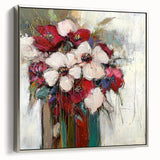 Silver-framed canvas artwork showcasing an abstract floral design, featuring vibrant colors and intricate details, perfect for modern home decor.