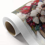 Abstract floral design on rolled canvas, showcasing vibrant colors and intricate patterns, elegantly packaged in a protective cardboard tube for art enthusiasts.