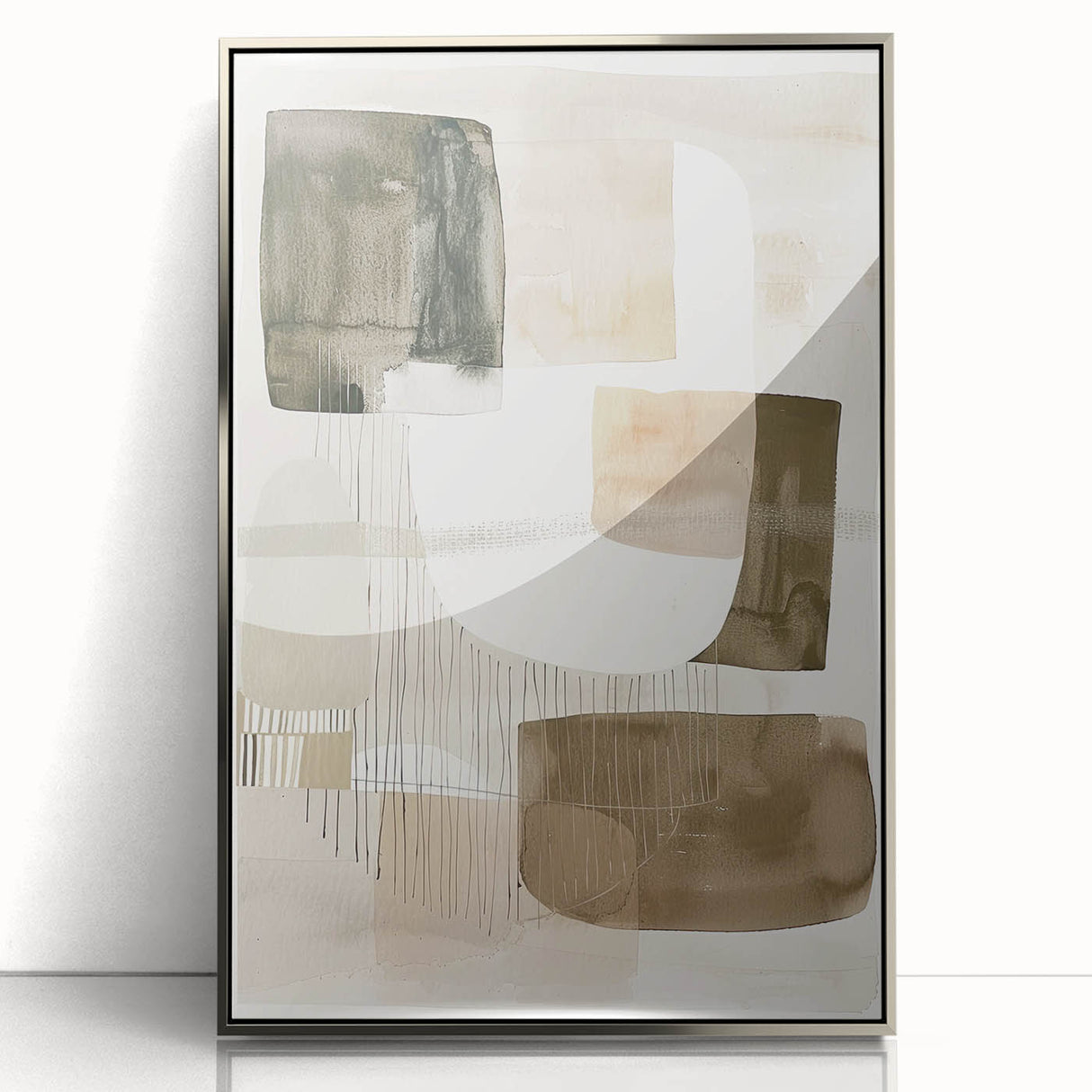 Framed abstract minimalist wall art showcasing a silver acrylic design with clean lines and geometric shapes, ideal for modern home decor. Perfect for enhancing contemporary spaces.