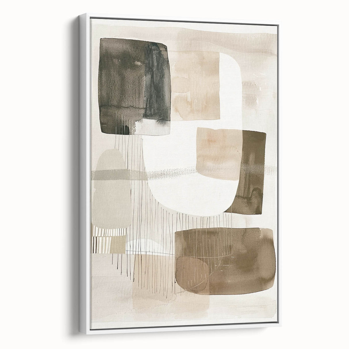Framed abstract minimalist wall art in a sleek white frame, showcasing soft, muted colors and geometric shapes, perfect for modern home decor.