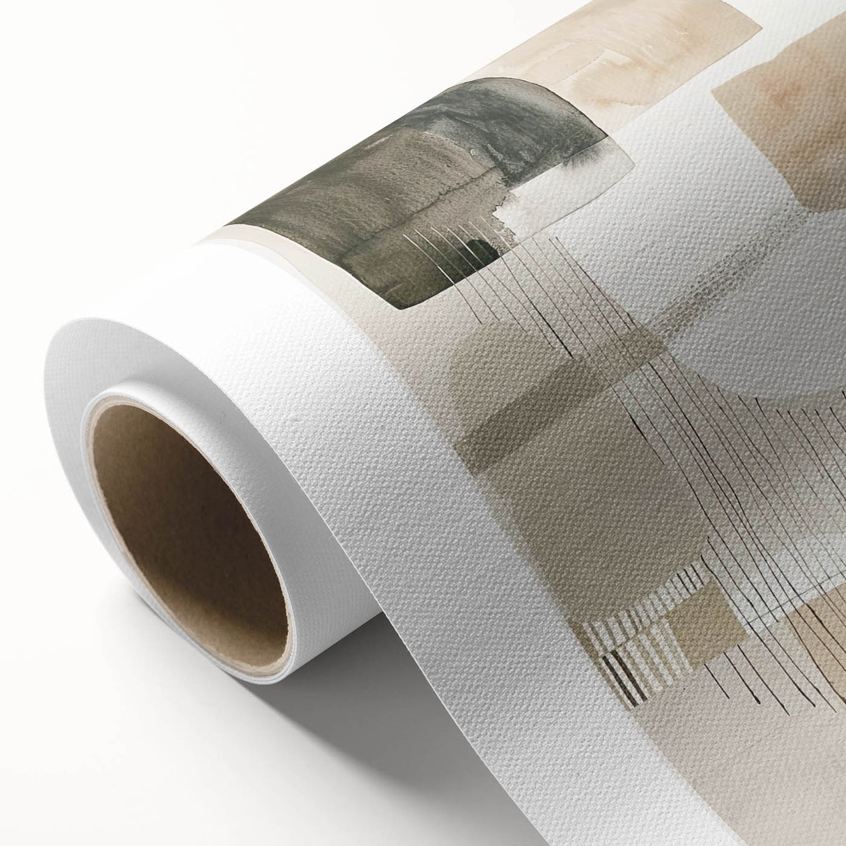 Abstract minimalist wall art on rolled canvas, featuring soft pastel colors and geometric shapes, perfect for modern decor. Packaged securely in a cardboard tube for safe shipping.