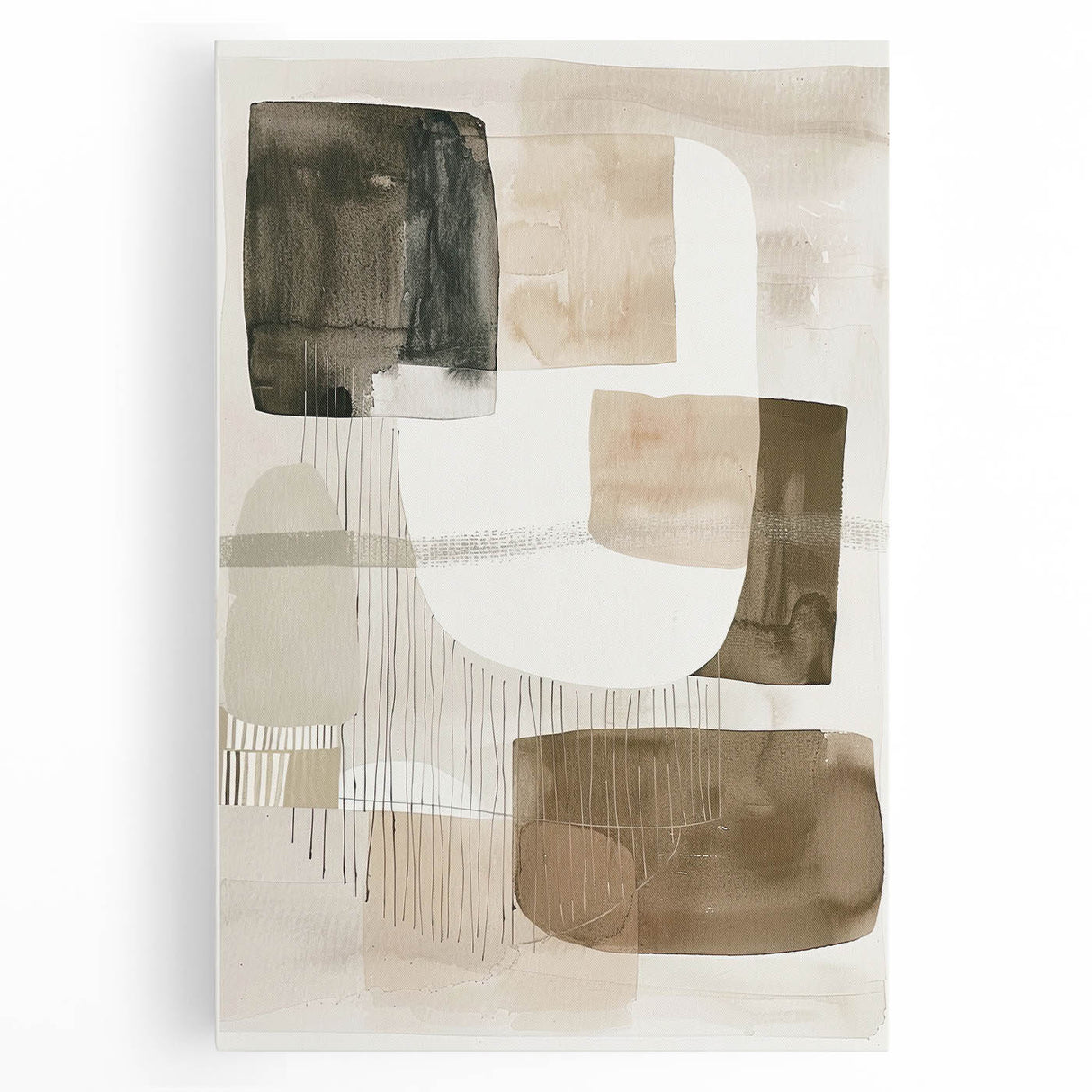 Abstract minimalist wall art displayed on a stretched canvas, featuring soft pastel colors and geometric shapes, ideal for modern home decor.