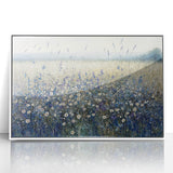 Framed acrylic artwork showcasing vibrant abstract florals in shades of pink, blue, and green, set against a clean white background, perfect for modern decor.