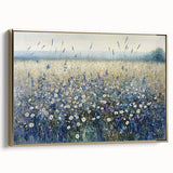 Framed abstract floral canvas artwork showcasing vibrant gold accents and colorful blooms, elegantly displayed from a side view, perfect for modern home decor.