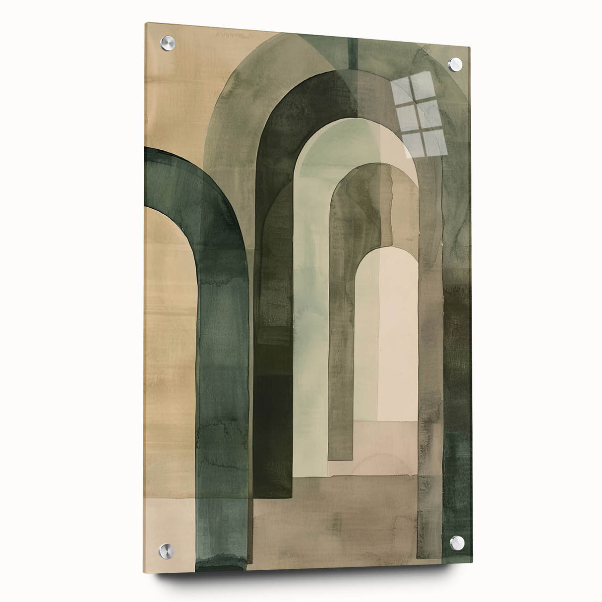 Abstract minimalist wall art displayed in a side view, showcasing vibrant colors and geometric shapes, mounted on acrylic glass with pins, perfect for modern decor.