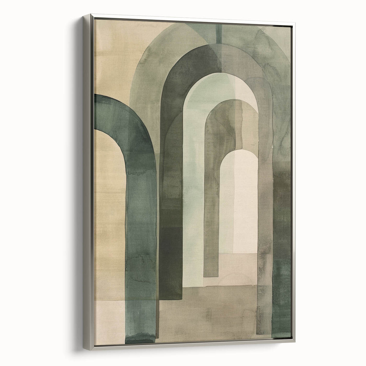 Framed abstract minimalist wall art showcasing soft silver tones and geometric shapes, ideal for modern home decor. Side view highlights elegant framing and texture.